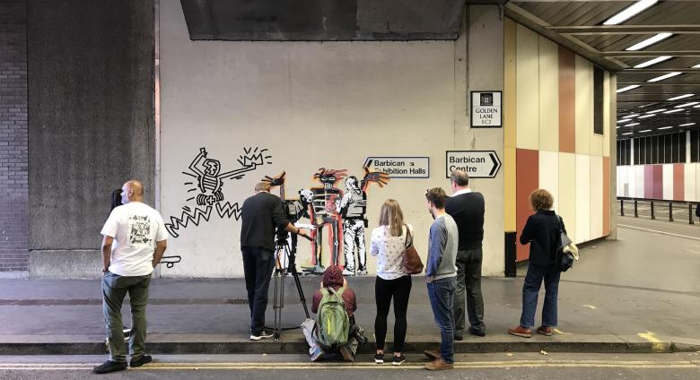 Two pieces by Banksy in honor of the Basquiat exhibition. Golden Lane, Barbican, London, 2017. License