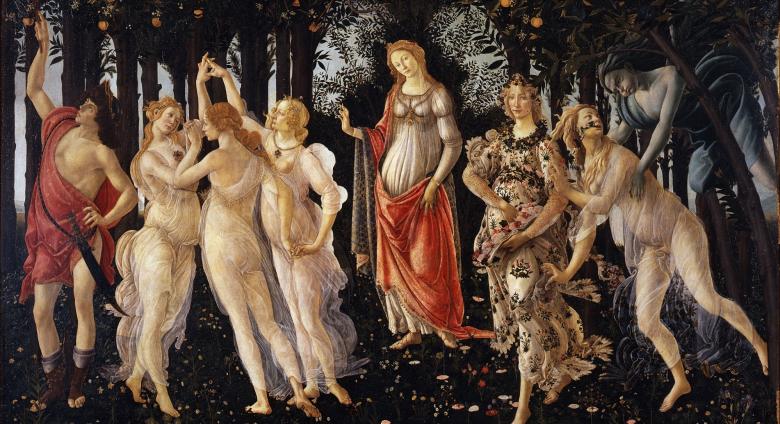 Sandro Botticelli, Primavera, or Allegory of Spring, painting of nine figures in a grove of trees