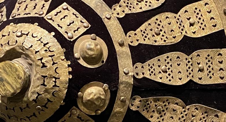 Ethiopian artist, Ethiopia, detail of Shield, 19th - 20th century. Brass, cloth, and animal hide. Collection of Drs. John and Nicole Dintenfass. Photo by Nia Bowers.