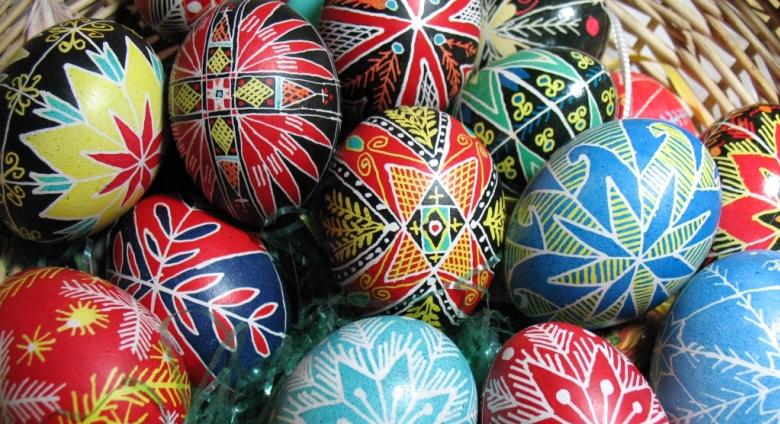 Detail of pysanky eggs in basket