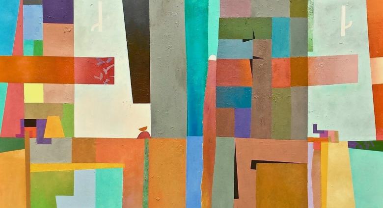  Harry A. Rich’s abstract acrylic painting, “Ode to a Quilter I Knew,” 53 x 56 inches,