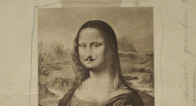 An early draft of Duchamp's mustachioed mona lisa. She is tapped on a background, etc. 