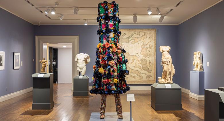 Nick Cave (b. 1959. Lives and works in Chicago), Soundsuit 8:46, 2021. Mixed media including vintage textile and sequined appliqués, metal, and mannequin.