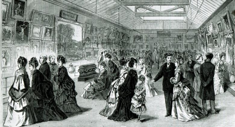 Opening reception on February 20, 1872, in the picture gallery in Dodworth Mansion (681 Fifth Avenue), the first home of The Metropolitan Museum of Art. Wood engraving from “Frank Leslies's Illustrated Newspaper,” March 9, 1872. 