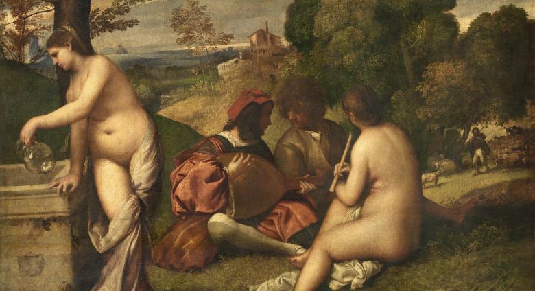 Giorgione allegorical painting of a nude female figure drawing water from a well while figures behind her play instruments in the grass