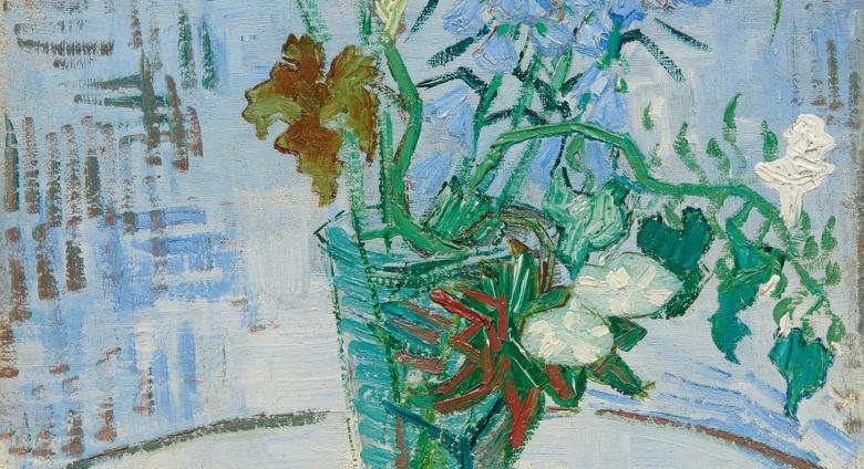 Van Gogh still life of flowers in a glass vase on a table top with a blue cross-hatched wall behind