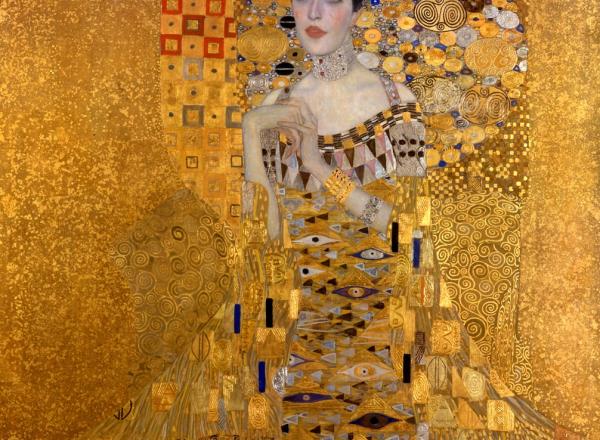 Gustav Klimt, Portrait of Adele Bloch-Bauer I, 1907. Oil, silver, and gold on canvas, 138 cm x 138 cm (54 in x 54 in), Neue Galerie, New York City, New York.