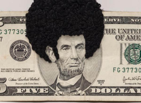 Sonya Clark, Afro Abe II, 2010. Five-dollar bill and thread. 4 x 6 in. National Museum of Women in the Arts. Gift of Heather and Tony Podesta Collection.