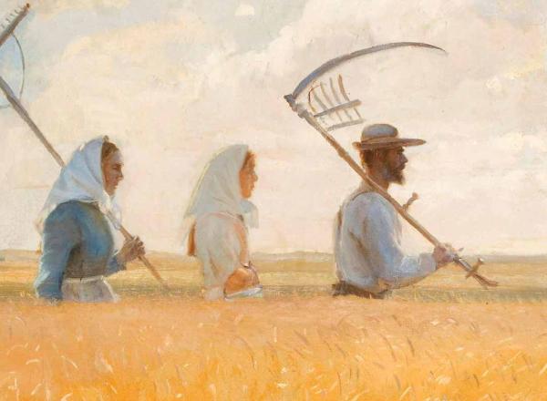 Anna Ancher painting of 3 figures walking in a wheat field holding scythes