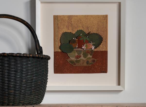 Laurene Krasny Brown, Berry Bowl, 2017. Gouache on cut paper. 10.5 x 9.5 in. Pictured with a 19th century green-painted splint basket atop an antique cupboard in original pink paint