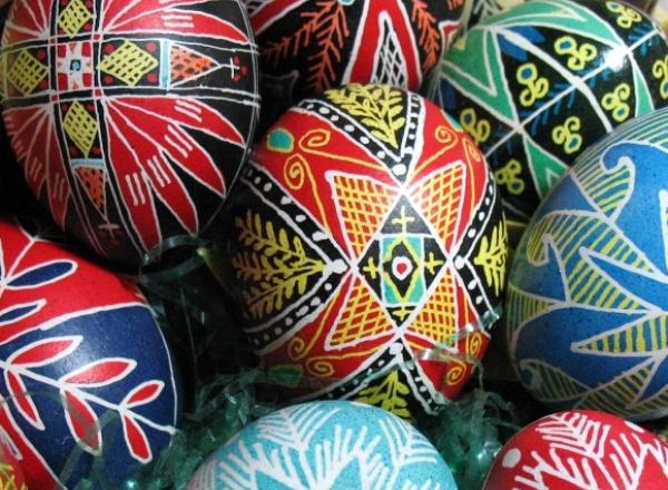 Detail of pysanky eggs in basket