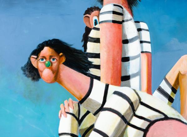 George Condo painting of two figures in stripped bathing suits