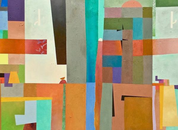  Harry A. Rich’s abstract acrylic painting, “Ode to a Quilter I Knew,” 53 x 56 inches,