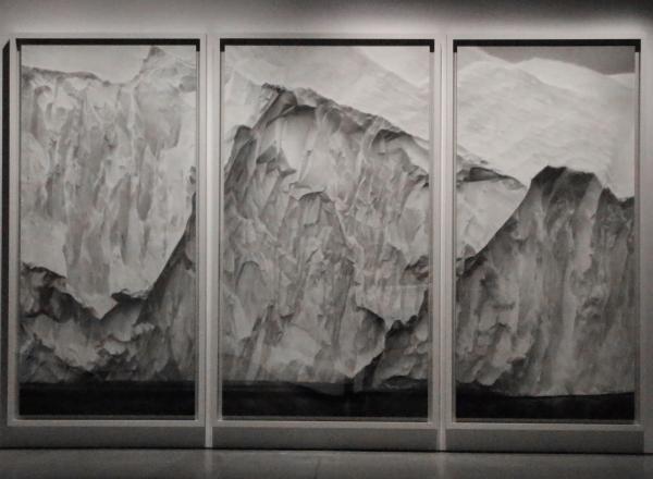 Robert Longo triptych of an iceberg drawn in charcoal