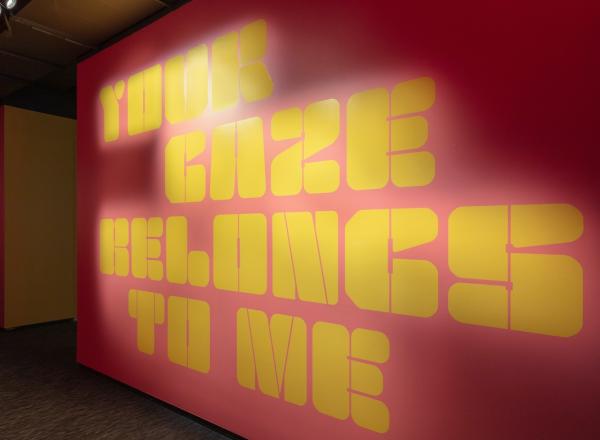 exhibition entry way with title on one wall and photo of the artist flipping the viewer off on the other wall. The image is closely cropped on her face. 