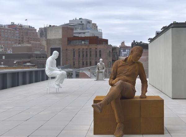 Installation view of Whitney Biennial 2022: Quiet as It’s Kept (Whitney Museum of American Art, New York, April 6-September 5, 2022). From left to right: Charles Ray, Burger, 2021; Charles Ray, Jeff, 2021; Ninety-Nine Bottles of Beer on the Wall, 2021.