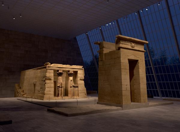 Digitally rendered view of the Temple of Dendur inside The Met at night.