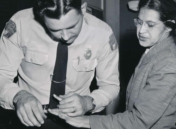 Parks being fingerprinted by Deputy Sheriff D.H. Lackey after being arrested on February 22, 1956, during the Montgomery bus boycott.jpg - Restoration (JPEG)