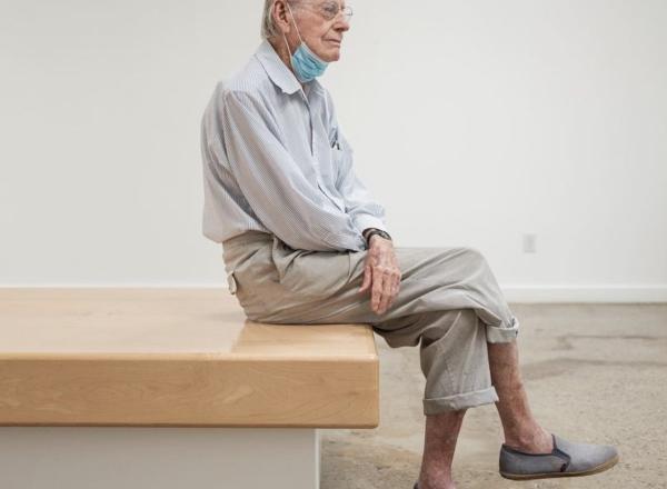 Photo of Wayne Thiebaud taken by Max Whittaker, Posted by Acquavella Galleries. artist is shown seated in the gallery space