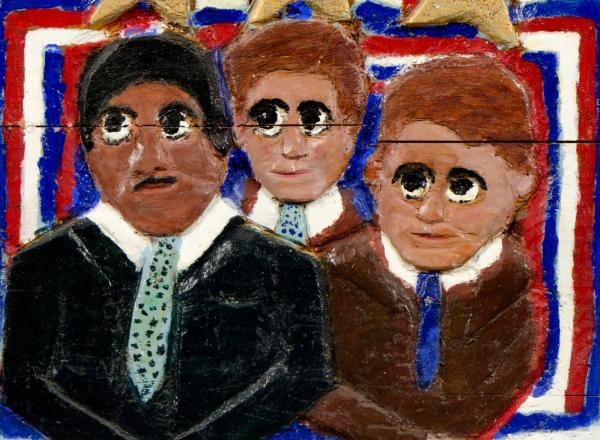 Elijah Pierce bas-relief wood carving showing MLK, JFK, and Bobby Kennedy