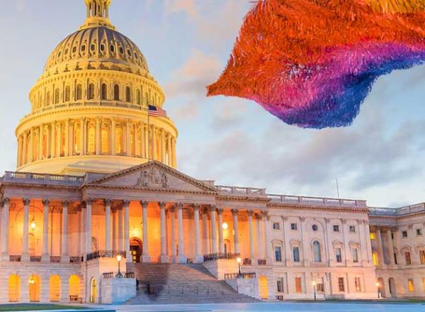 the capitol building with waving rainbow of fabric strips floating in front of it