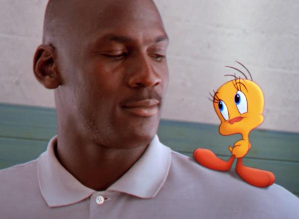 Still of Micheal Jordan and Tweety Bird from Space Jam | 4K Trailer | Warner Bros. Entertainment.