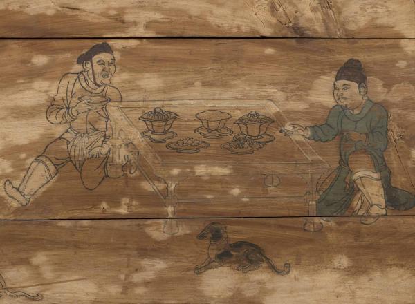 Chinese, Liao dynasty, 907–1125, Coffin box panel: Arranging an Outdoor Banquet